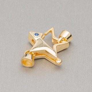 Chiusura Di Argento 925 A Moschettone Con Coppette e Punto Luce A Stella 17x25mm 2pz Dorato Blu
