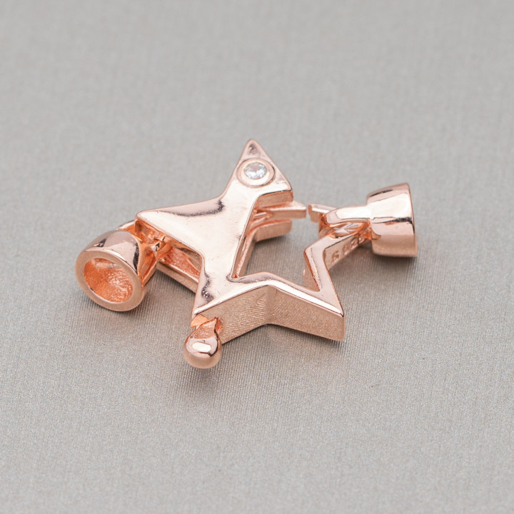 Chiusura Di Argento 925 A Moschettone Con Coppette e Punto Luce A Stella 17x25mm 2pz Oro Rosa Bianco