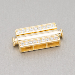 Multistrand 925 Silver Clasp With Zircons With Button Mechanism 12.5x25mm 1pc Golden