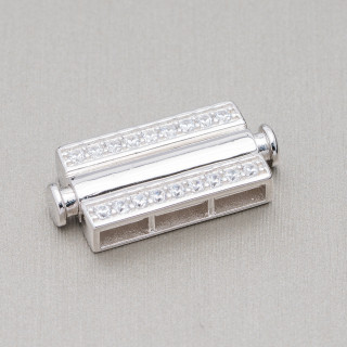 Fermoir Multi-rangs Argent 925 Avec Zircons Avec Mécanisme Bouton-Poussoir 12.5x25mm 1pc Rhodié