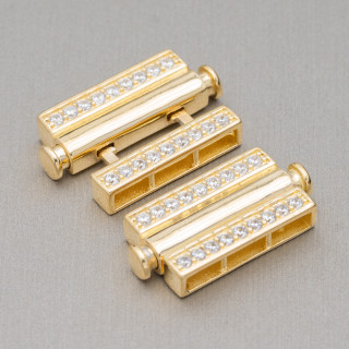 Chiusura Di Argento 925 Multifilo Con Zirconi Con Meccanismo a Pulsante 12,5x35mm 1pz Dorato