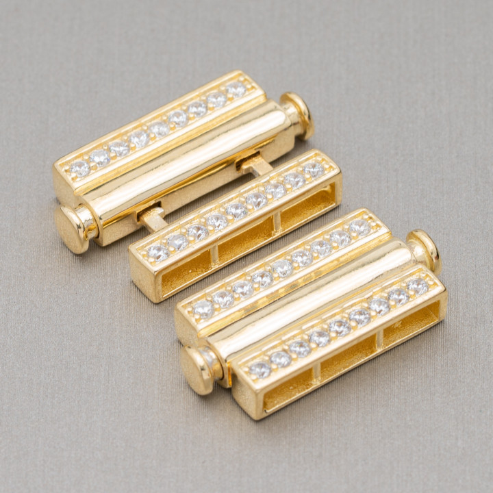 Multistrand 925 Silver Clasp With Zircons With Button Mechanism 12.5x35mm 1pc Golden