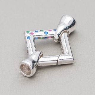 Chiusura Di Argento 925 Rombo A Scatto 24x34mm Con Coppetta da 7mm Con Punti Luce 1pz Rodiato