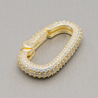 Snap Hook Closure Of 925 Silver With Zircons Micropave' Oval 16x27mm 1pc Golden
