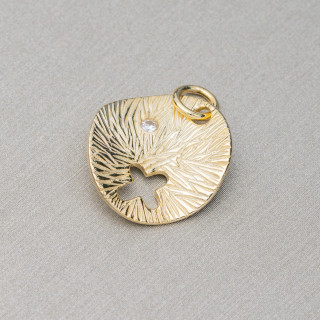 Pendentif plaque ronde ondulée brossée 15,5 mm Pendentif en argent 925 avec croix et zircon doré 6pcs