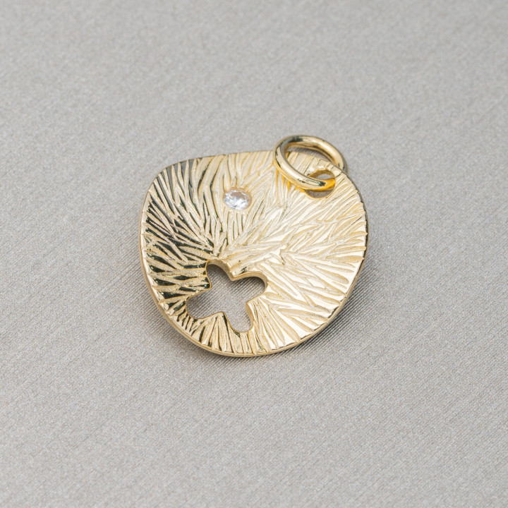 Pendentif plaque ronde ondulée brossée 15,5 mm Pendentif en argent 925 avec croix et zircon doré 6pcs