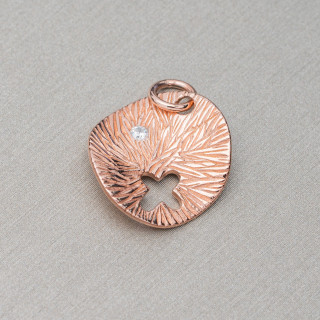 Ciondolo Pendente Di Argento 925 A Piastra Tondo Ondulato Spazzolato 15,5mm Con Croce E Zircone Oro Rosa 6pz