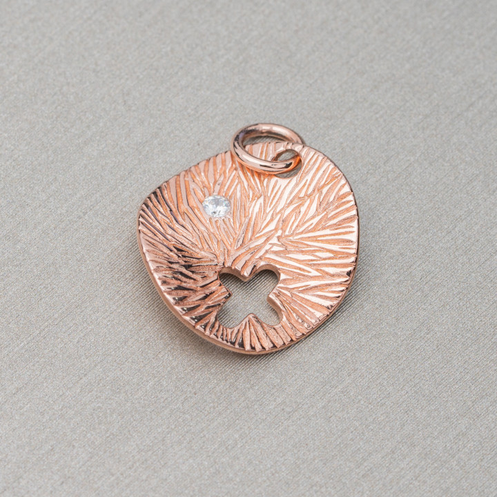 Ciondolo Pendente Di Argento 925 A Piastra Tondo Ondulato Spazzolato 15,5mm Con Croce E Zircone Oro Rosa 6pz