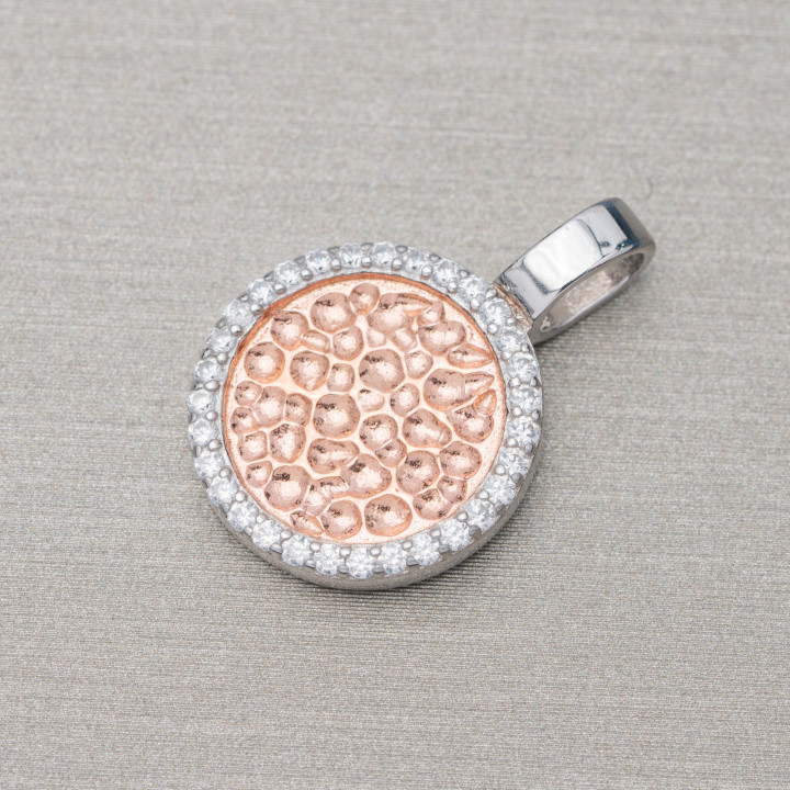 Ciondolo Pendente Di Argento 925 Cerchio Battuto 13,5x20mm Con Zirconi Rodiato E Oro Rosa 4pz