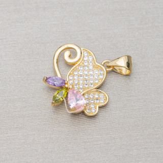 925 Silver Pendant With Zircons Butterfly 19x23mm 3pcs Golden