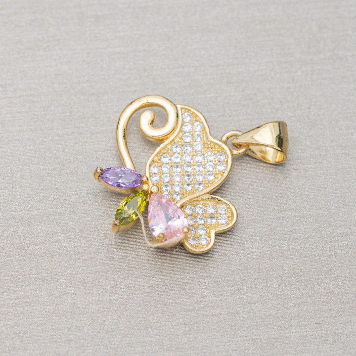Ciondolo Pendente Di Argento 925 Con Zirconi Farfalla 19x23mm 3pz Dorato
