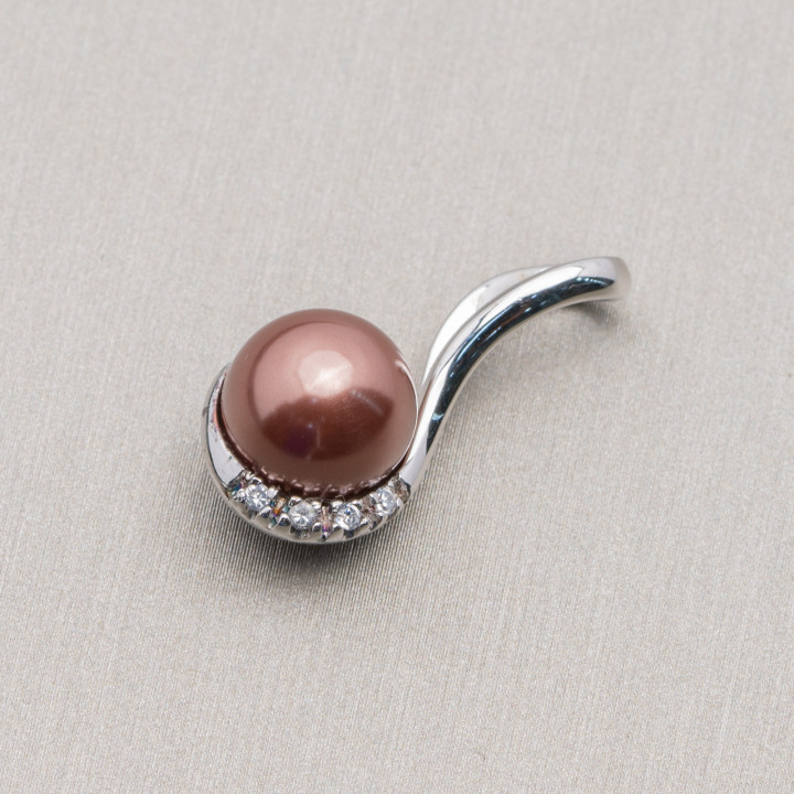 Ciondolo Pendente Di Argento 925 Con Zirconi Laterali E Perle Di Maiorca Bronzo 11x25mm