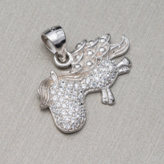 Anhänger aus 925er Sterlingsilber mit Einhorn-Zirkonen, 23 x 21 mm, 2 Stk., MOD3, Rhodium
