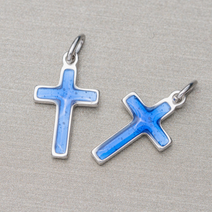 Pendentif Pendentif Argent 925 Croix Émaillée 10x16mm Rhodié 10pcs Bleu