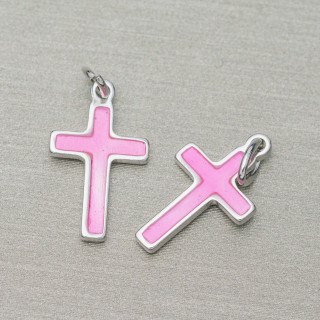 925 Silver Enamelled Cross Pendant 10x16mm Rhodium Plated 10pcs Pink