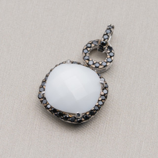 Colgante Geométrico Colgante De Plata 925 Con Circonitas Negras Y Ágata Blanca 20x36mm