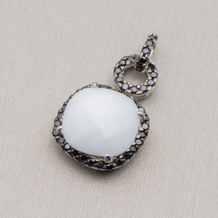 Colgante Geométrico Colgante De Plata 925 Con Circonitas Negras Y Ágata Blanca 20x36mm