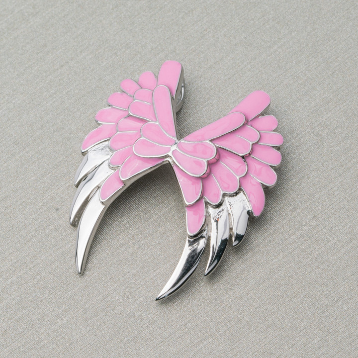 Ciondolo Pendente Di Argento 925 Smaltato Ali Di Angelo 22x27mm Rosa