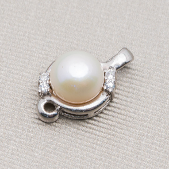 Colgante Redondo De Plata 925 Con Circonitas Laterales Y Perlas 11x18mm