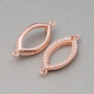 Componente Castone Di Argento 925 Connettore Con Zirconi Navetta 10x22mm Interno 7x13mm 4pz Oro Rosa