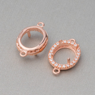 925 Ασημί Bezel Component Connector With Oval Zircons 11x17mm Inside 7x9mm 6pcs Rose Gold