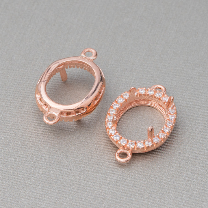 Bezel Component Of 925 Silver Connector With Zircons Oval 11x17mm Inside 7x9mm 6pcs Rose Gold