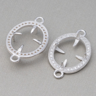 Componente Castone Di Argento 925 Connettore Con Zirconi Ovale 15x23mm Interno 10x13mm 4pz Rodiato