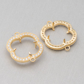 Bezel Component Of 925 Silver Connector With Cubic Zirconia τετράφυλλο τριφύλλι 20mm Εσωτερικό 12mm 3τμχ Χρυσό
