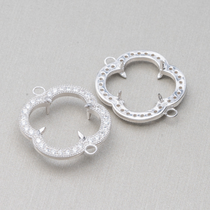 Composant Lunette Argent 925 Connecteur Avec Zircons Trèfle À Quatre Feuilles 20mm Interne 12mm 3pcs Rhodium