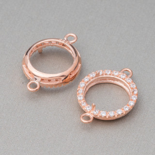 Componente Castone Di Argento 925 Connettore Con Zirconi Tondo Esterno 13mm Interno 10mm 6pz Oro Rosa