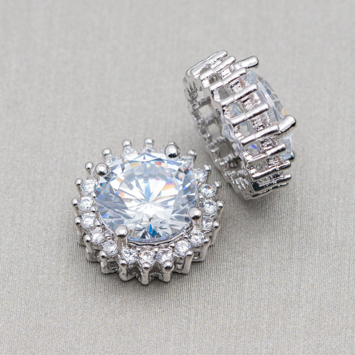 Zentraler Verbindungsteil aus rundem Messing mit Steinen 13 mm 10 Stück Weiß rhodiniert