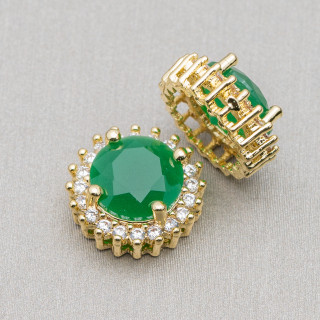 Round Brass Central Connector Component With 13mm Stones 10pcs Emerald Golden
