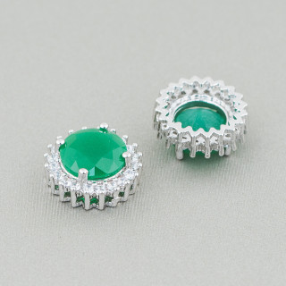 Zentrales Verbindungselement aus rundem Messing mit Steinen 13 mm 10 Stück Smaragd Rhodium