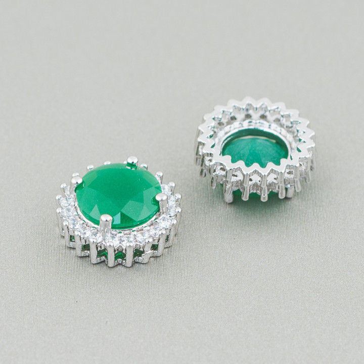 Zentrales Verbindungselement aus rundem Messing mit Steinen 13 mm 10 Stück Smaragd Rhodium