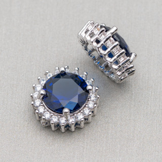 Round Brass Central Connector Component With 13mm Stones 10pcs Rhodium-plated Sapphire
