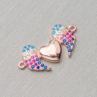 Connector Component Of 925 Silver With Zircons Wings And Heart With 2 Rings 17.5x10.5mm 4pcs Rose Gold