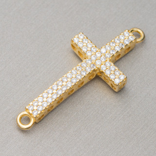 Connector Component Of 925 Silver With Zircons Cross 18x42mm 2pcs Golden