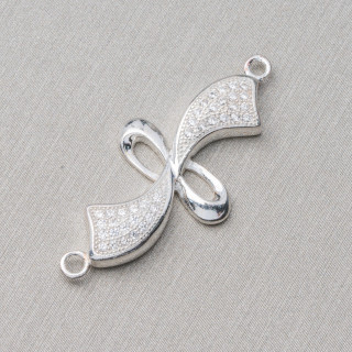 Componente Connettore Di Argento 925 Con Zirconi Fantasia 31x15mm 4pz Rodiato