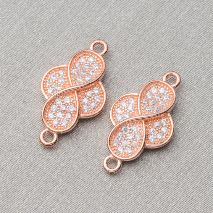 Componente Connettore Di Argento 925 Con Zirconi Infinito Con 2 Anellini 10x13mm 4pz Oro Rosa