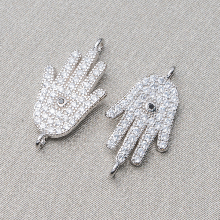 Connector Component Of 925 Silver With Zircons Hand Of Fatima With 2 Rings 10x14mm 6pcs Rhodium Plated
