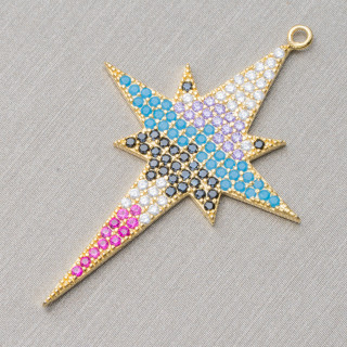 Componente Connettore Di Argento 925 Con Zirconi Micropave Stella Del Nord Con 1 Anellino 27x38mm 2pz Dorato