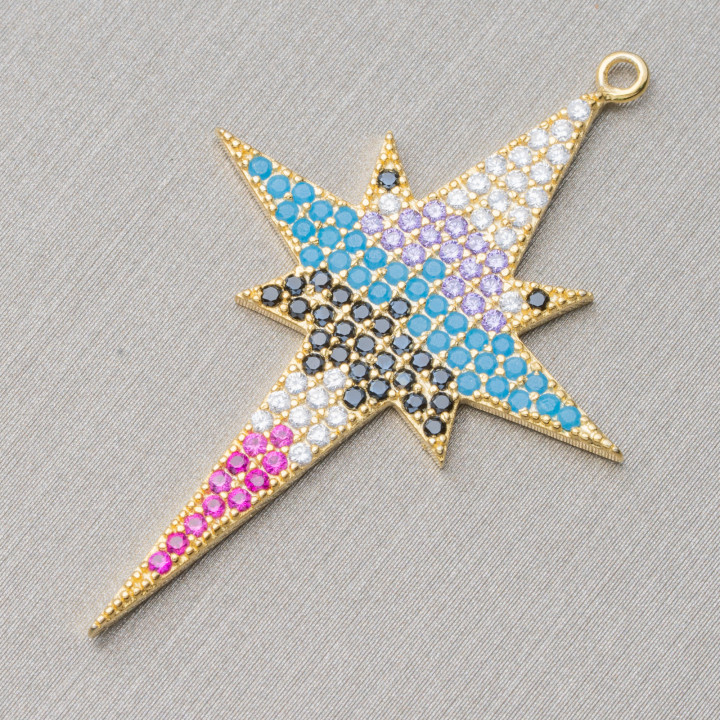 Composant Connecteur En Argent 925 Avec Zircons Micropave North Star Avec 1 Anneau 27x38mm 2pcs Doré