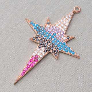 Connecteur Composant Argent 925 Avec Zircons Micropave Etoile du Nord Avec 1 Anneau 27x38mm 2pcs Or Rose