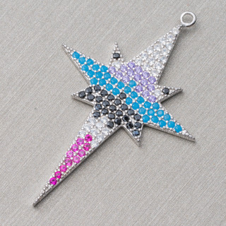 Componente Connettore Di Argento 925 Con Zirconi Micropave Stella Del Nord Con 1 Anellino 27x38mm 2pz Rodiato