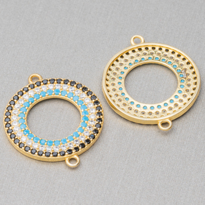 Conector Componente Plata 925 Con Circonitas Micropave Redondo Donut Con 2 Anillos 17mm 4pcs Dorado