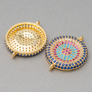 Connector Component Of 925 Silver With Round Micropave Zircons With 2 Rings 16mm 4pcs Golden