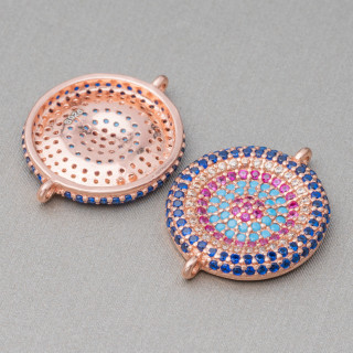Conector Componente De Plata 925 Con Circonitas Micropave Redondas Con 2 Anillos 16mm 4pcs Oro Rosa