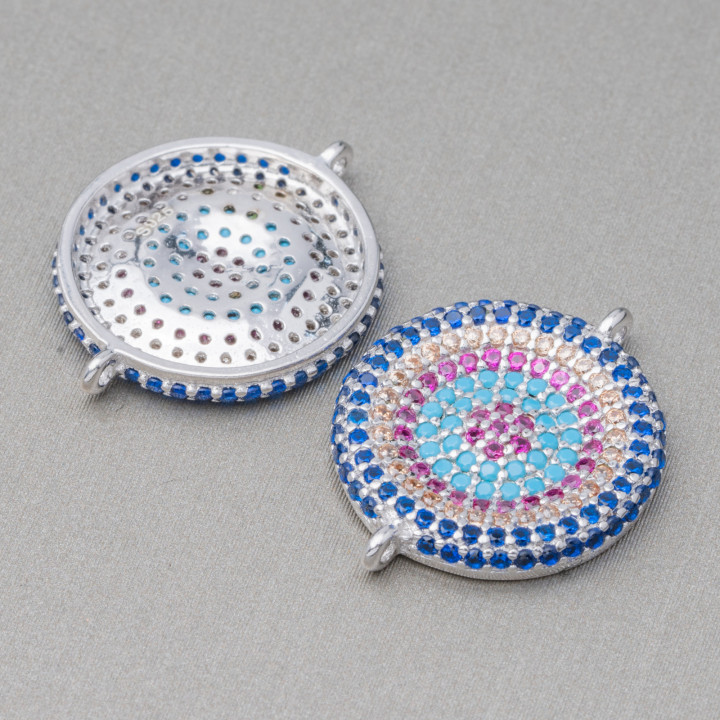 Conector Componente De Plata 925 Con Circonitas Micropave Redondas Con 2 Anillos 16mm 4pcs Rodio