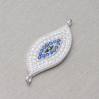 Componente Connettore Di Argento 925 Con Zirconi Occhio Con 2 Anellini 10x20mm 4pz Rodiato
