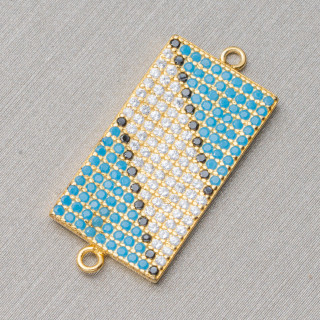 Connector Component Of 925 Silver With Paved Rectangle Zircons With 2 Rings 12x21mm 4pcs Golden